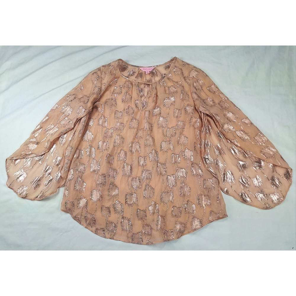 Lilly Pulitzer Peach Metallic Patterned Long-Sleeve Blouse